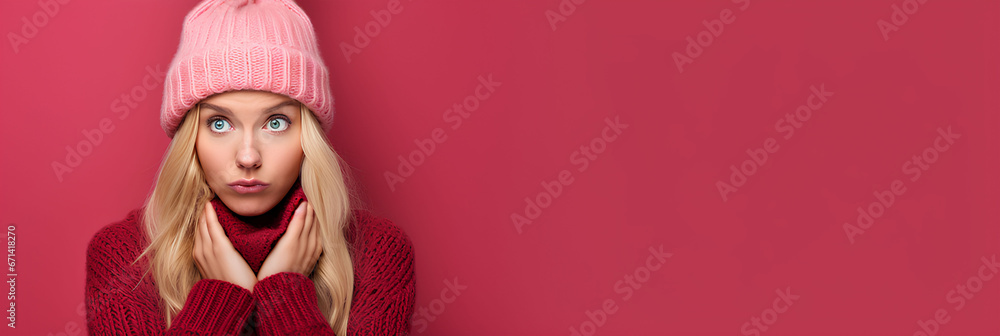 Serious Young girl in sweater and hat on a pink background, advertising banner, web banner, Place for your text, copy space, empty space, Generative AI