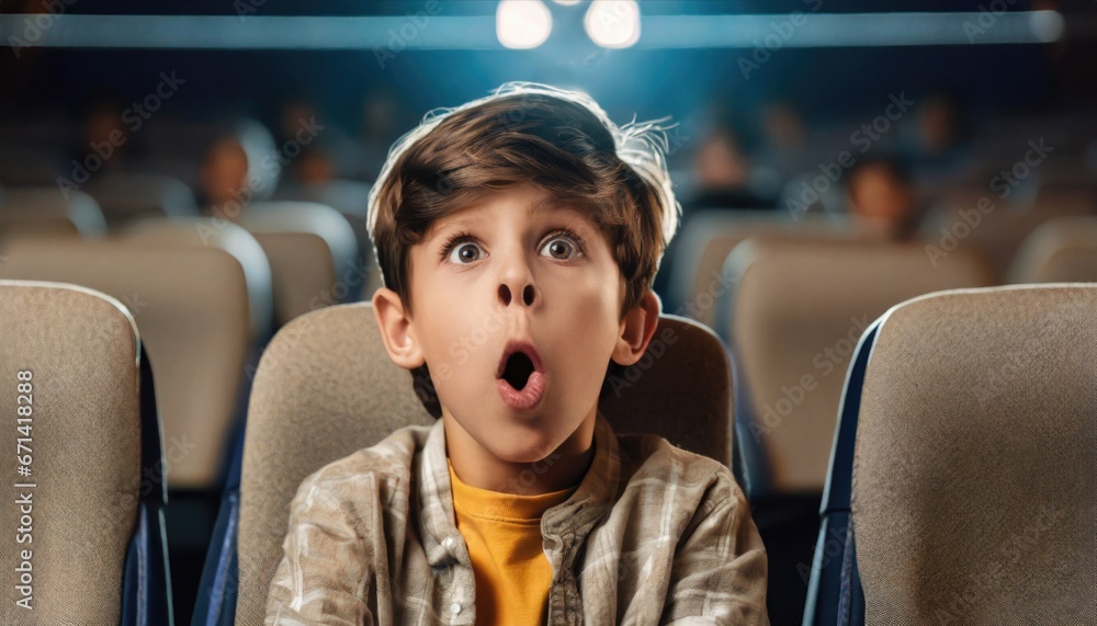 Little boy with astonished and surprised look is watching a movie in a cinema Little boy with astonished and surprised look is watching a movie in a cinema