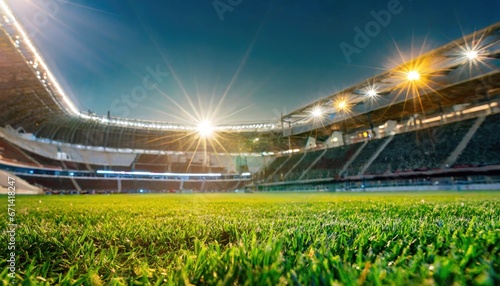 Lawn in the soccer stadium. Football stadium with lights. Grass close up in sports arena - background © Marko