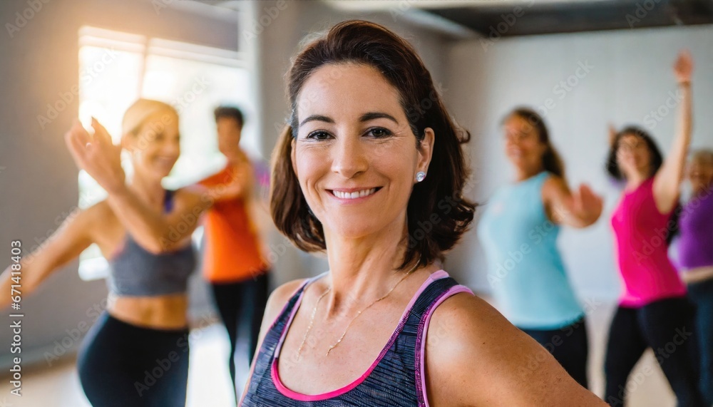 Middle-aged woman standing in a fitness studio, candidly expressing their active lifestyle through sport with friends Middle-aged woman standing in a fitness studio, candidly expressing their active lifestyle through sport with friends