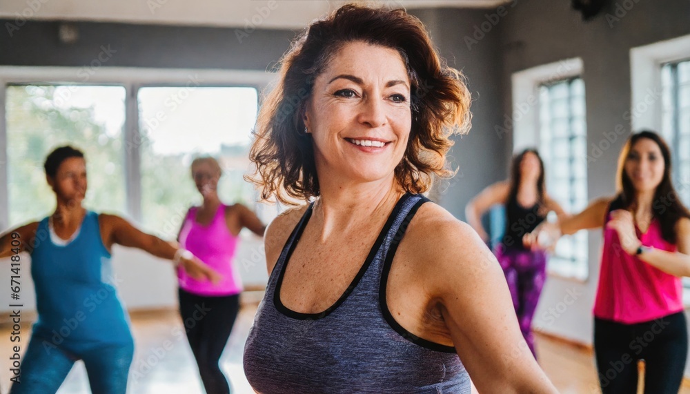 Middle-aged woman standing in a fitness studio, candidly expressing their active lifestyle through sport with friends Middle-aged woman standing in a fitness studio, candidly expressing their active lifestyle through sport with friends