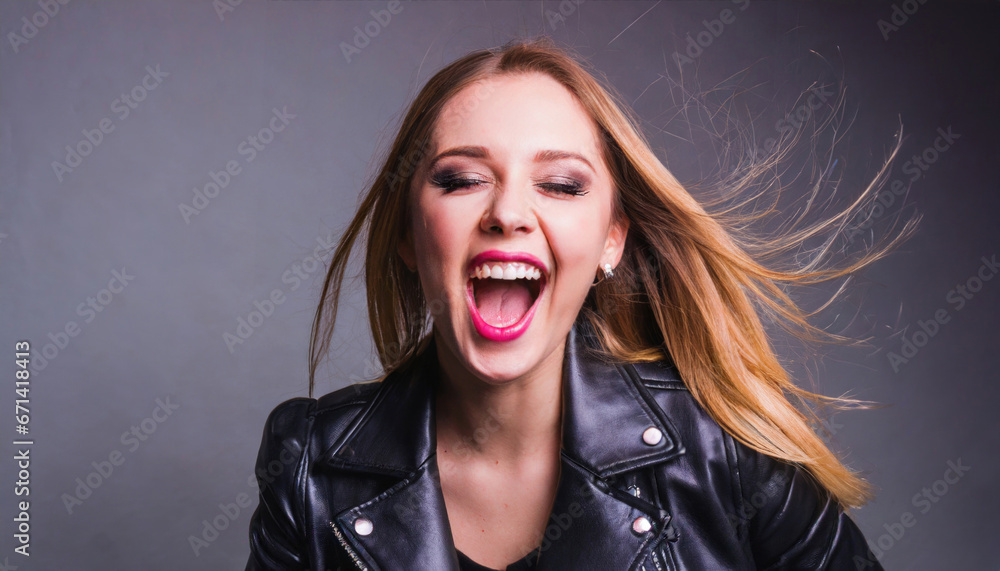 Portrait of a beautiful rocker woman in a black leather jacket on a ...