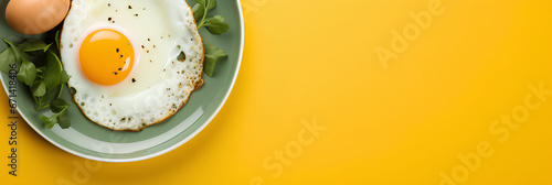 Fried egg. Close-up view of the fried egg on a plate on a yellow background, advertising banner, web banner, Place for your text, copy space, empty space, Generative AI photo