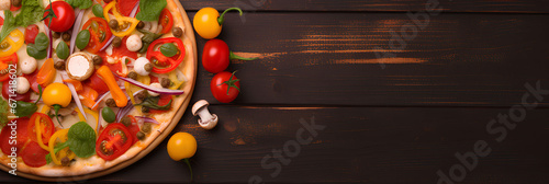 Mix of eight different pizzas on a wooden background, advertising banner, web banner, Place for your text, copy space, empty space, Generative AI