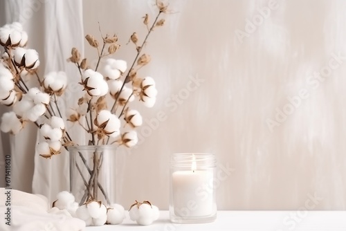 A stylish table with cotton flowers and aroma candles near the light wall. Banner for design