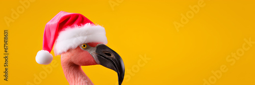Pink flamingo with Santa hat on a yellow background. Minimal Christmas layout, advertising banner, web banner, Place for your text, copy space, empty space, Generative AI photo