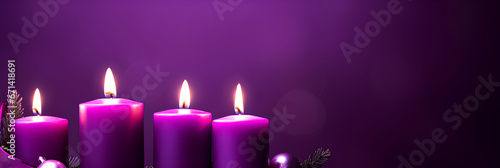  Realistic purple candles on a purple background, advertising banner, web banner, Place for your text, copy space, empty space, Generative AI