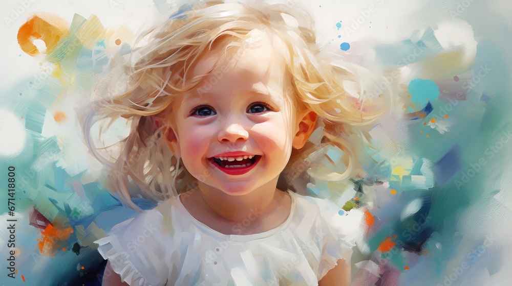 Cute little girl with blond hair outside. Beautiful portrait of child impressionism style Cute little girl with blond hair outside. Beautiful portrait of child impressionism style