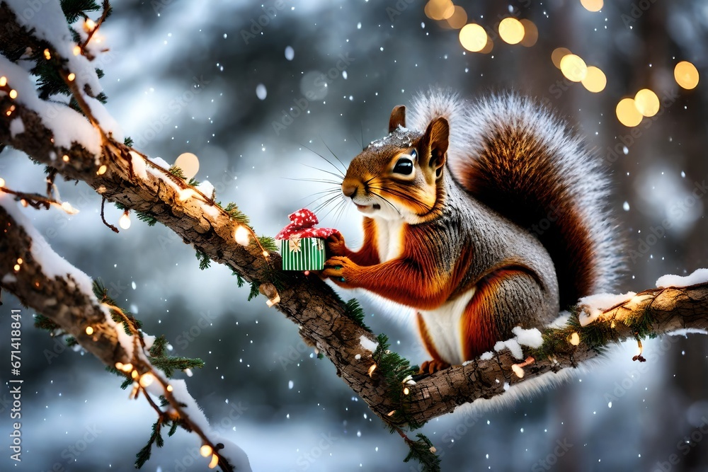 A squirrel enjoying a snack on a snowy branch with Christmas lights.