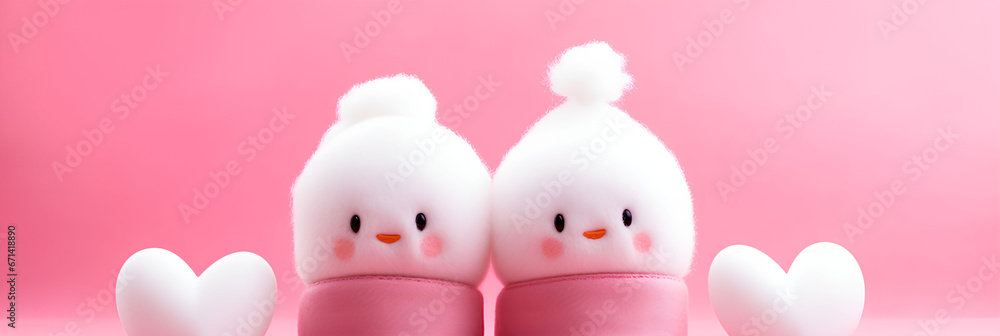 Two white eggs in a beanie with rabbit ears and cheerful faces on a pink background, advertising banner, web banner, Place for your text, copy space, empty space, Generative AI Two white eggs in a beanie with rabbit ears and cheerful faces on a pink background, advertising banner, web banner, Place for your text, copy space, empty space, Generative AI
