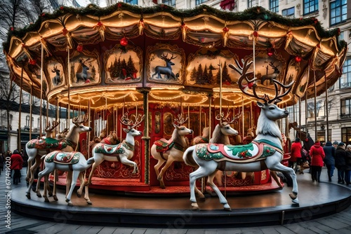 A whimsical carousel with reindeer instead of horses  all decked out for Christmas.