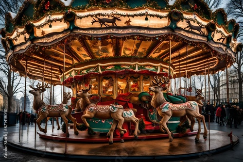 A whimsical carousel with reindeer instead of horses  all decked out for Christmas.