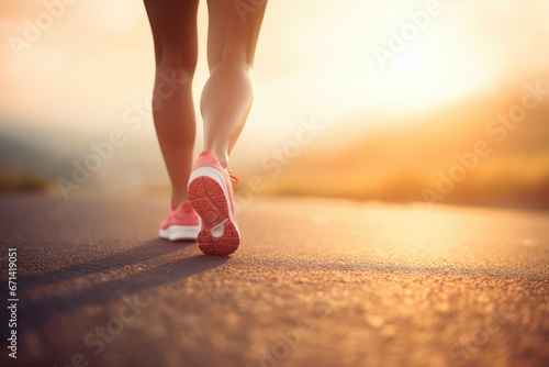 Woman feet running on road closeup