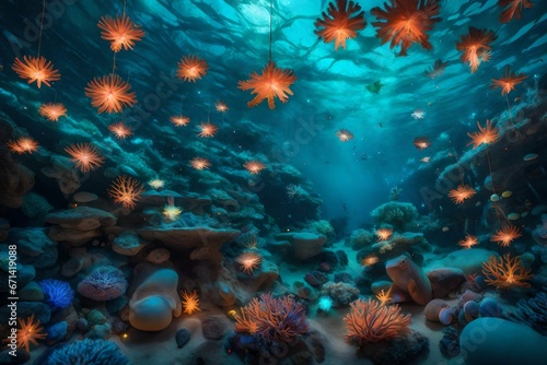 A surreal underwater scene where coral reefs are adorned with bioluminescent ornaments  and sea creatures join in the holiday festivities.