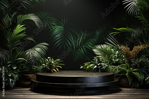 3D render of black background with tropical leaves and podiums  8k by Generative AI
