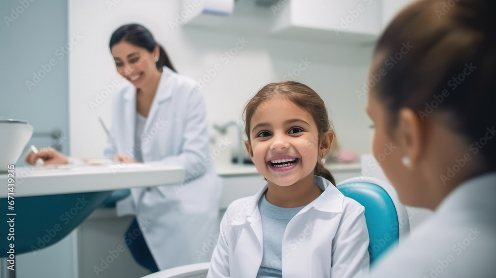 Fototapeta premium Cute little girl smiling At dentist office.