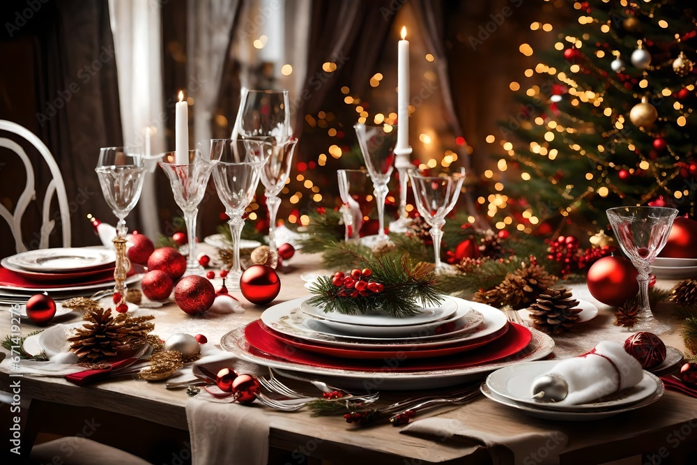 A festive table set for a Christmas dinner with elegant dishes and decorations.