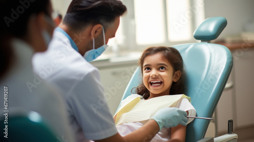 Little girl smiling while dentist check up at clinic photo