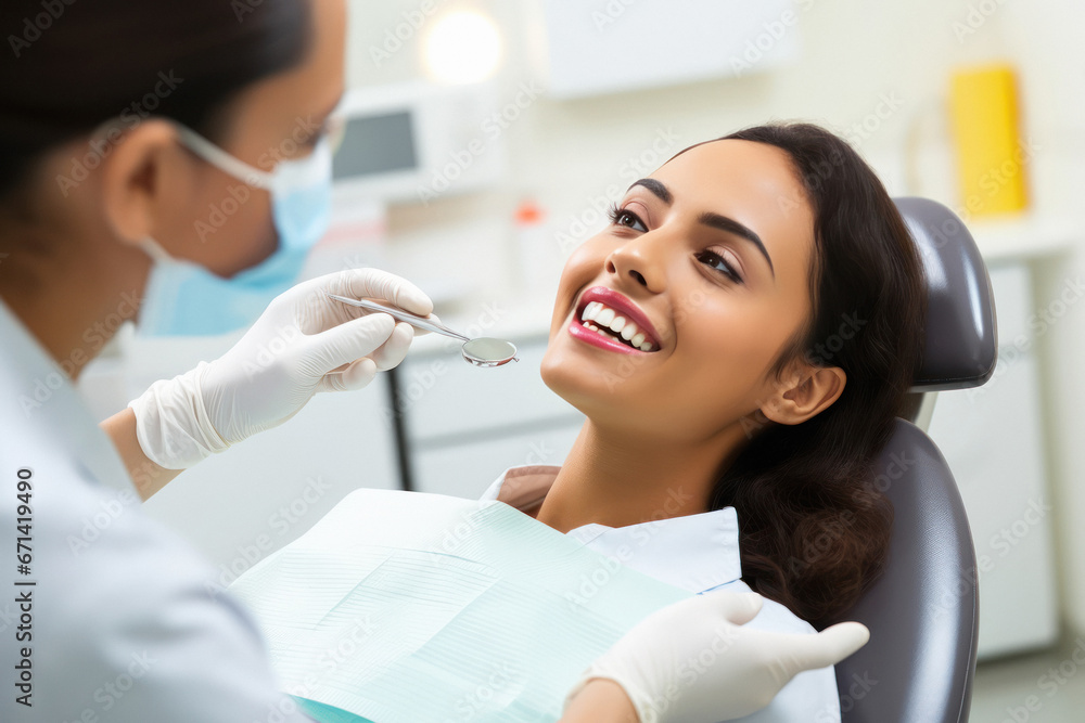 indian young woman getting dental treatment - obrazy, fototapety, plakaty 