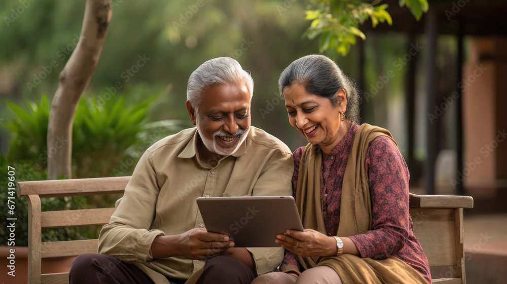 indian senior couple sitting at park and using tablet indian senior couple sitting at park and using tablet