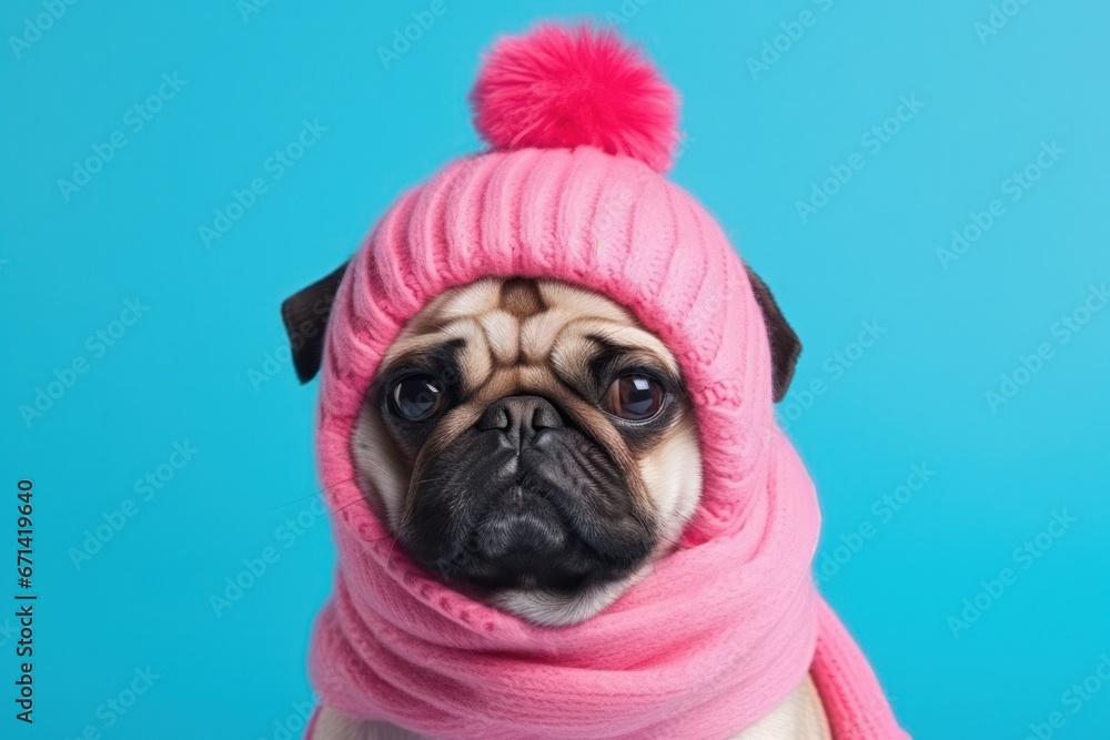 Pug dog in funny y2k outfit in pink and blue colors, pets in fashion clothes in studio. Humanlike animal funny character