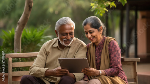 indian senior couple sitting at park and using tablet © PRASANNAPIX
