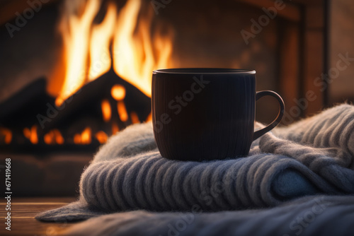 Winter Warmth by the Fireplace: Cozy Living Room with Coffee Cup and Wool