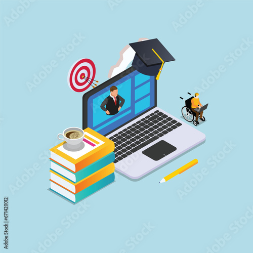 man in the wheelchair watches video lessons. Online education, e-learning isometric 3d vector illustration concept