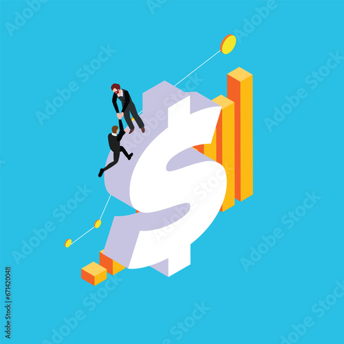 Businessman helps to climb a dollar sign with charts isometric 3d vector illustration concept