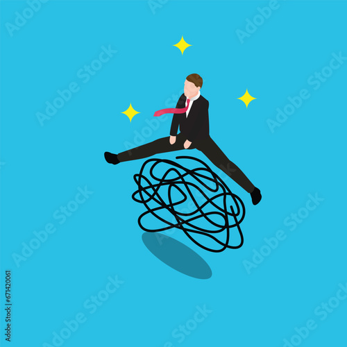 businessman jumping over tangled scribble. Business Solution and Overcoming Problems isometric 3d vector illustration concept