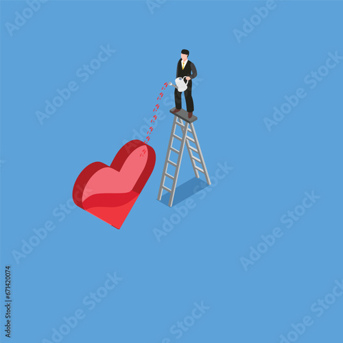 businessman pouring water to fulfill heart shape isometric 3d vector illustration concept