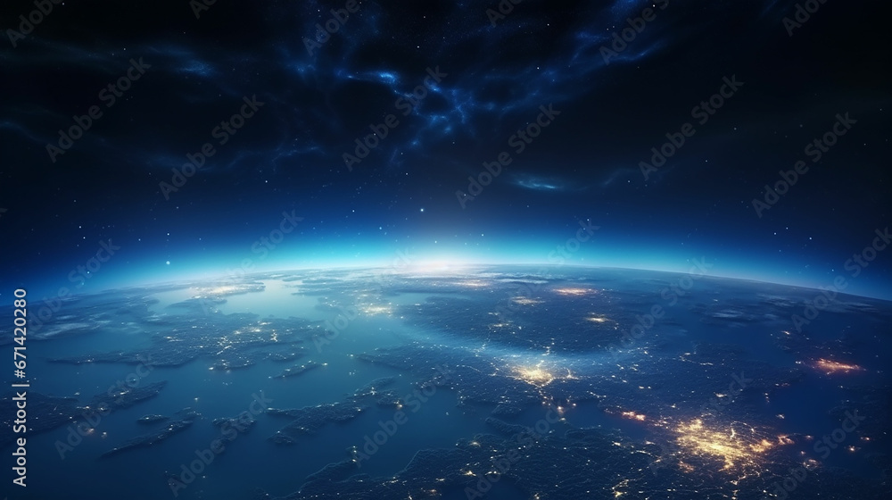 Surface of Earth planet in deep space. Outer dark space wallpaper. Night on planet with cities lights. View from orbit. Made with generative ai
