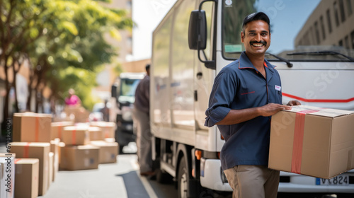 Indian deliverer man giving happy expression photo