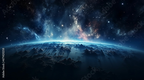 Surface of Earth planet in deep space. Outer dark space wallpaper. Night on planet with cities lights. View from orbit. Made with generative ai