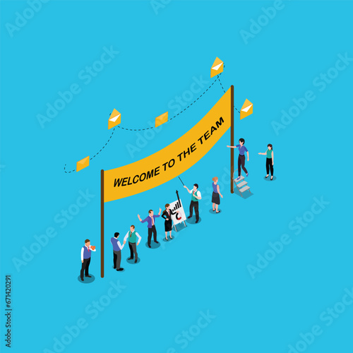 Happy tiny people are near welcome banner isometric 3d vector illustration concept
