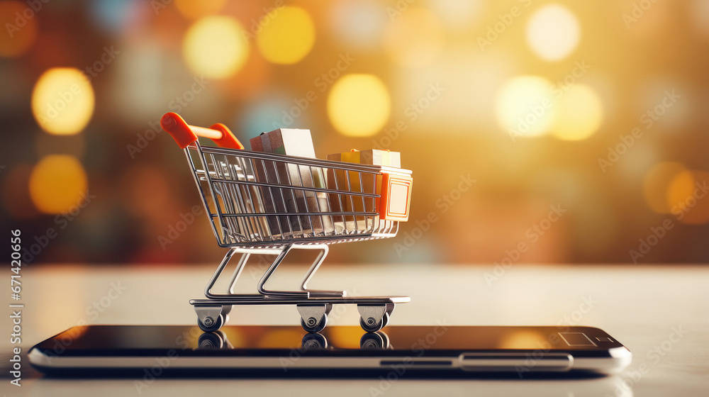 Shopping trolley on mobile screen. online shopping concept.