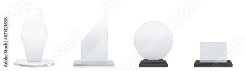 3D glass trophies set isolated on white background. Vector realistic illustration of abstract hexagon, round, square shape winner awards on transparent and black platforms, champion prize, success