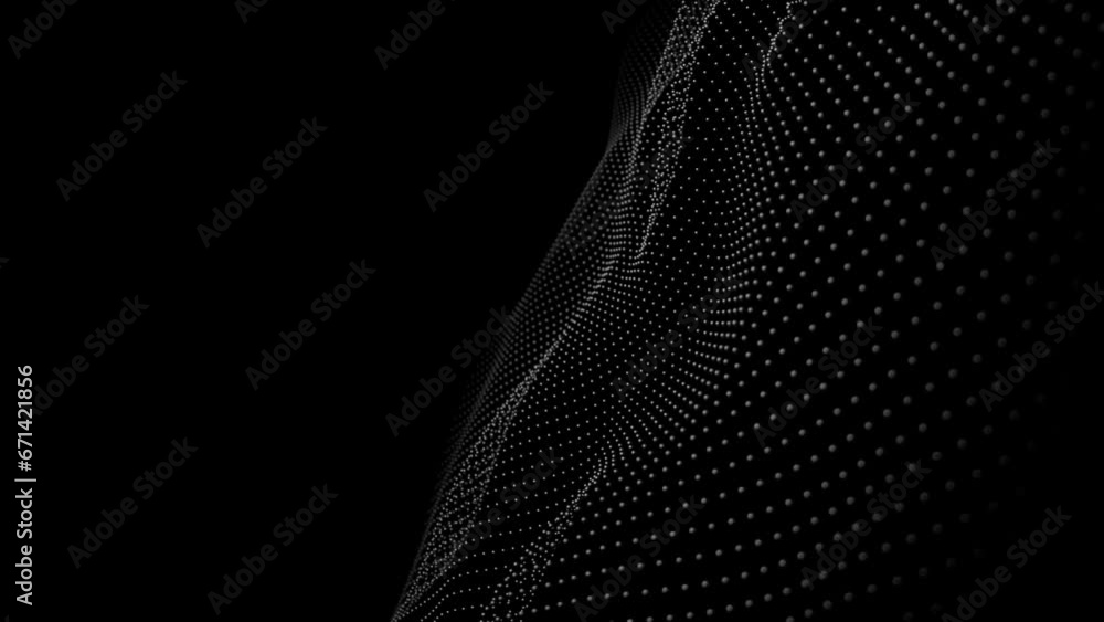 Futuristic grid wave of white halftone digital dots data smooth seamless animation on dark with dim light background. Flow particles landscape. For cyber technology, sound visualization, big data Futuristic grid wave of white halftone digital dots data smooth seamless animation on dark with dim light background. Flow particles landscape. For cyber technology, sound visualization, big data