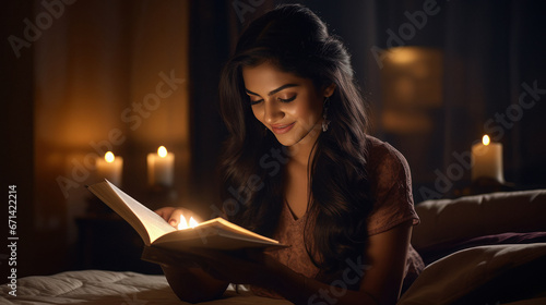 young indian woman reading book at home