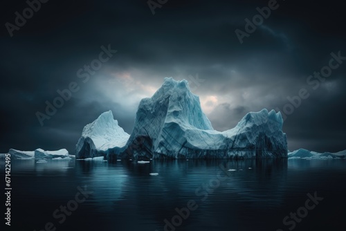 Melting glacier, blue icebergs float. Generative AI