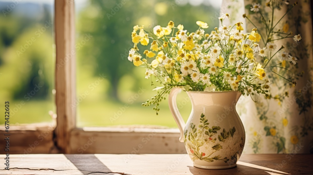 Jug with flowers at home by the window. Generative AI Jug with flowers at home by the window. Generative AI