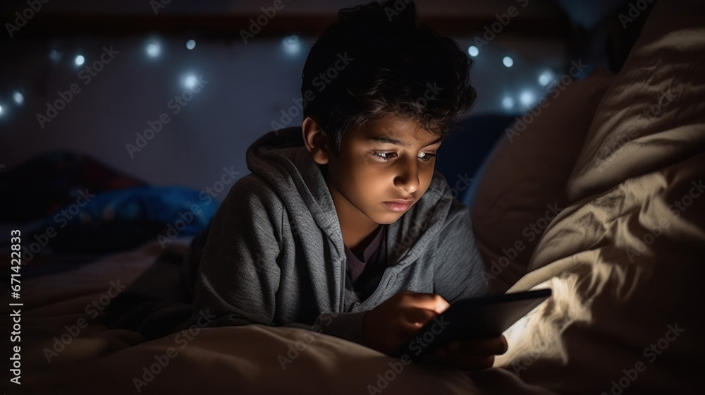 Little boy using smartphone till late night in his bedroom - obrazy, fototapety, plakaty 