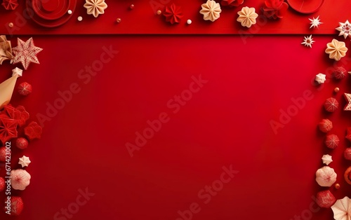 Spring Festival Poster. Banner template with hanging lanterns. Chinese New Year decorations on bright red background, copy space, flatlay, top view.