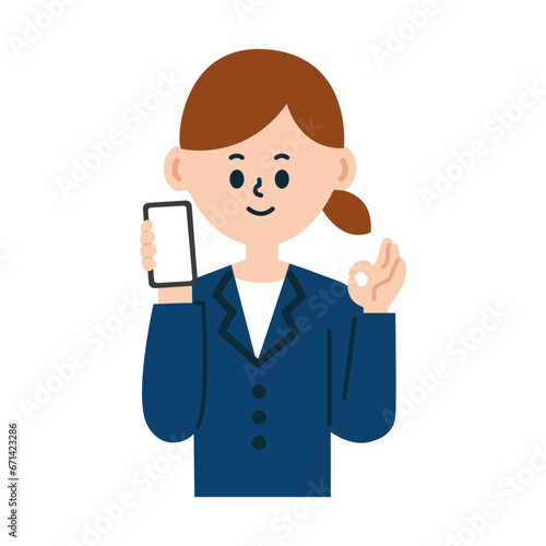 ビジネスパーソン　スマートフォン　OK スーツ　女性　イラスト　仕事