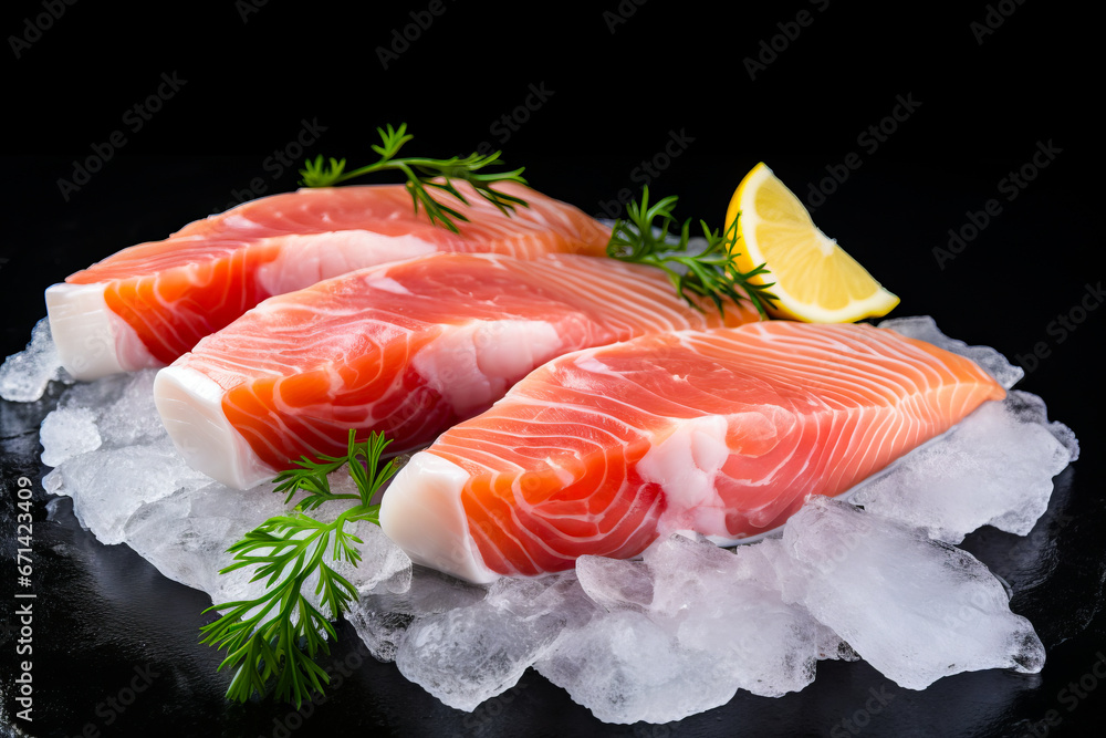 Three raw salmons on ice with lemon wedge and sprig of rosemary. Three raw salmons on ice with lemon wedge and sprig of rosemary.