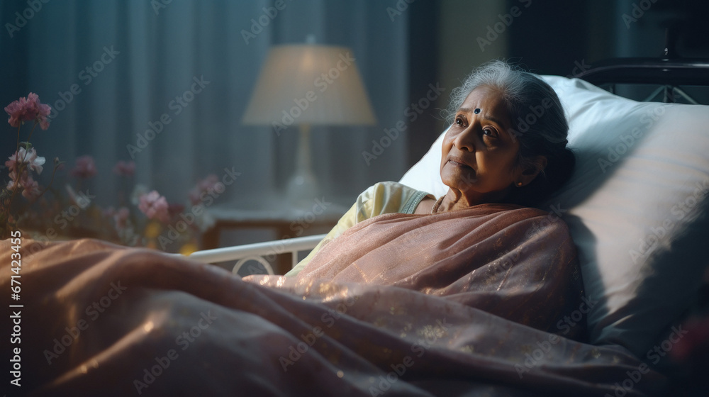 elderly indian woman lying on bed Stock Photo | Adobe Stock