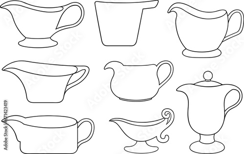 Illustration of different gravy sauce boats isolated on white