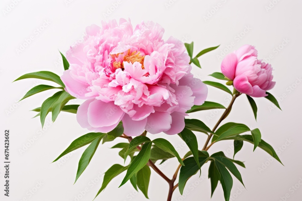 Photo of a beautiful peony in full bloom with a solid white background. Generative AI