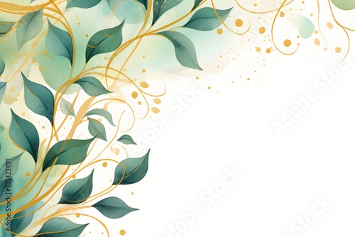 Abstract background watercolor with green leaves frame.