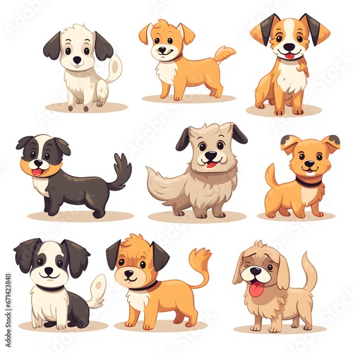 Set of cute dog cartoon or puppy character on white background.